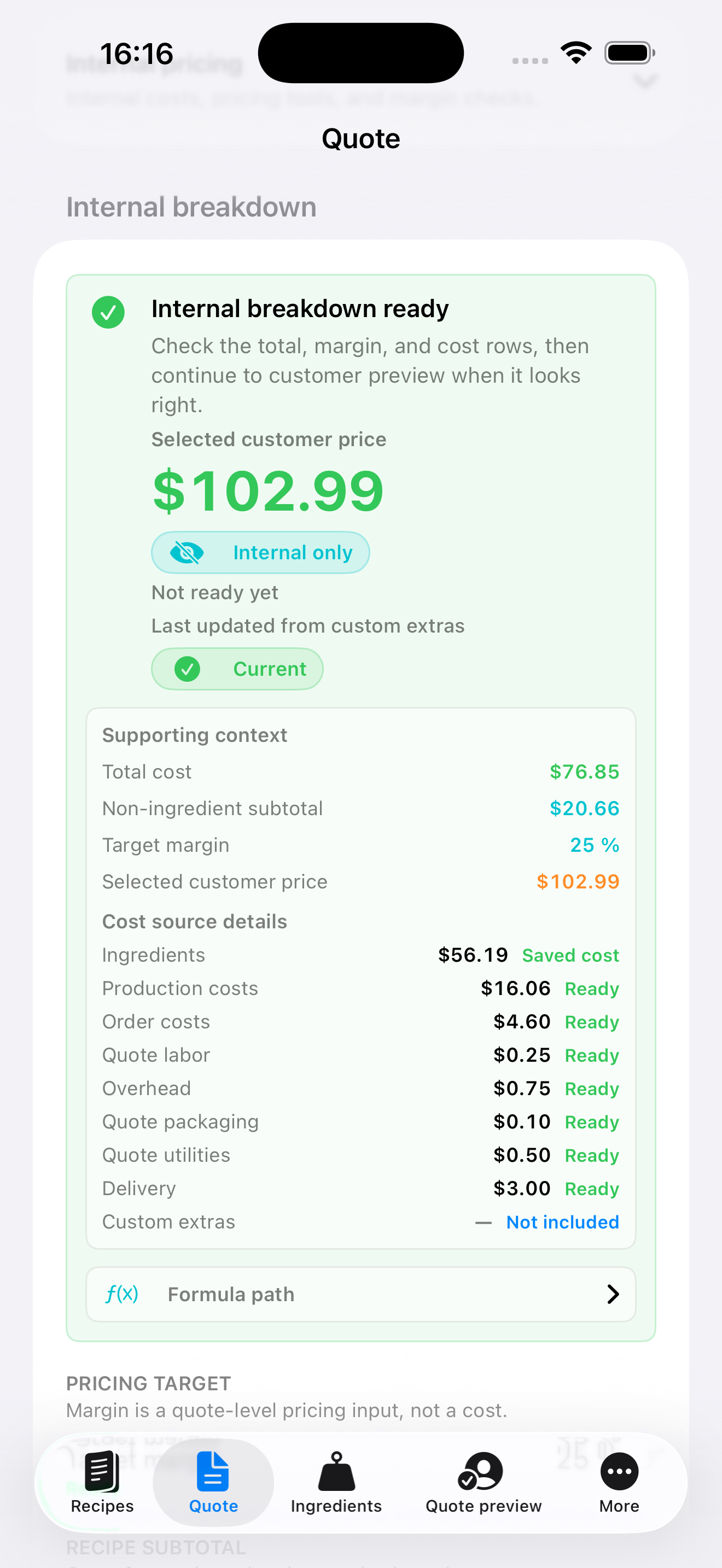 Portion Margin app screenshot showing the private quote review screen with bakery order details